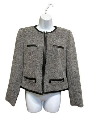 J Michaels Tweed Faux Leather Trim Zip Front Blazer Size 8